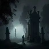 Image of a foggy cemetery at night with a lone figure standing before an open grave - Image 4