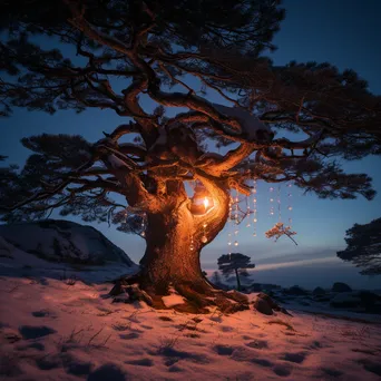 Pine tree glowing with lantern light in snow - Image 2