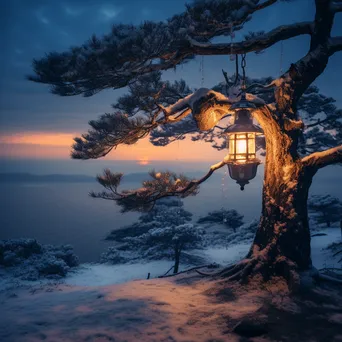 Pine tree glowing with lantern light in snow - Image 3