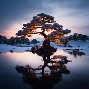 Pine tree glowing with lantern light in snow - Image 4