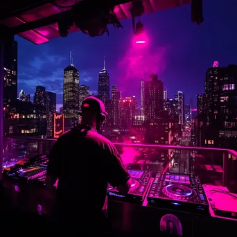 DJ performing at a rooftop party with city skyline backdrop. - Image 1