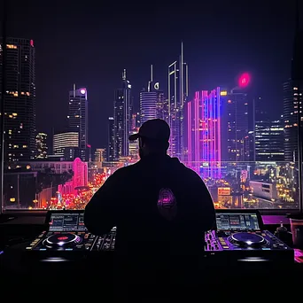 DJ performing at a rooftop party with city skyline backdrop. - Image 3