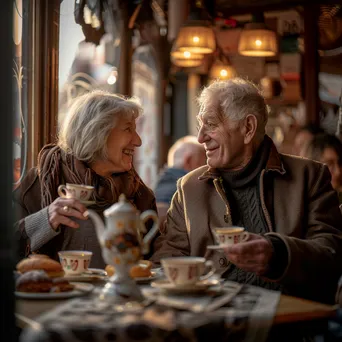 A retired couple enjoying tea and pastries in a cozy, vintage café. - Image 1