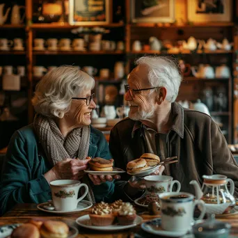 A retired couple enjoying tea and pastries in a cozy, vintage café. - Image 3