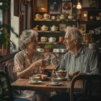 A retired couple enjoying tea and pastries in a cozy, vintage café. - Image 4