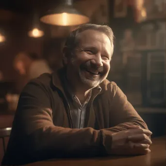 Middle-aged man with a potbelly laughing in a pub under warm lighting - Image 1