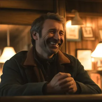 Middle-aged man with a potbelly laughing in a pub under warm lighting - Image 4