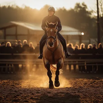 Trainer demonstrating jumping exercises in an equestrian arena. - Image 1