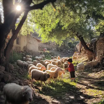 Child Feeding Sheep with Shepherd