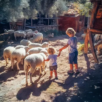 Child joyfully feeding sheep with a shepherd on a sunny day - Image 2