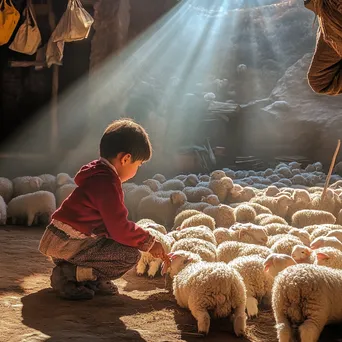 Child joyfully feeding sheep with a shepherd on a sunny day - Image 3