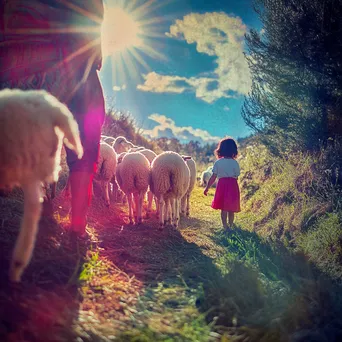 Child joyfully feeding sheep with a shepherd on a sunny day - Image 4