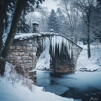 Stone bridge with snow and icicles in winter - Image 3