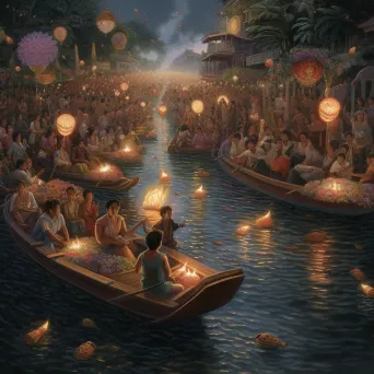 Loi Krathong Festival in Thailand - People releasing decorated baskets onto a river - Image 2