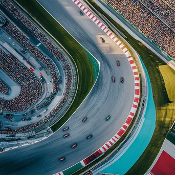 Aerial view of a Formula 1 track with racing cars and fans - Image 1