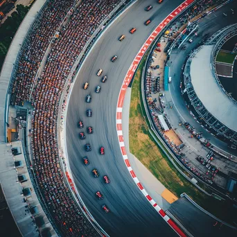 Aerial view of a Formula 1 track with racing cars and fans - Image 3