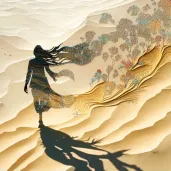 Woman walking in barren desert with ocean wave shadow - Image 1