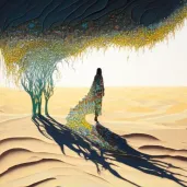 Woman walking in barren desert with ocean wave shadow - Image 2