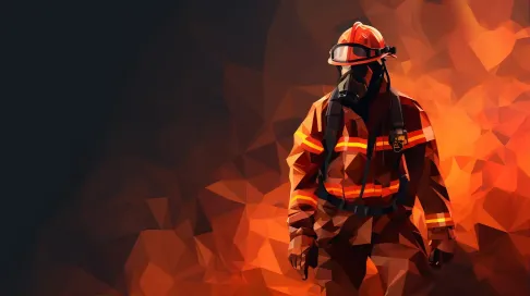 Low poly portrait of a dauntless firefighter in fiery oranges and reds - Image 1