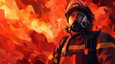 Low poly portrait of a dauntless firefighter in fiery oranges and reds - Image 3