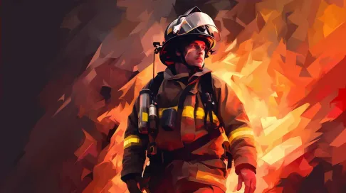 Low poly portrait of a dauntless firefighter in fiery oranges and reds - Image 4