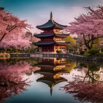 Ancient Chinese pagoda surrounded by cherry blossoms - Image 3