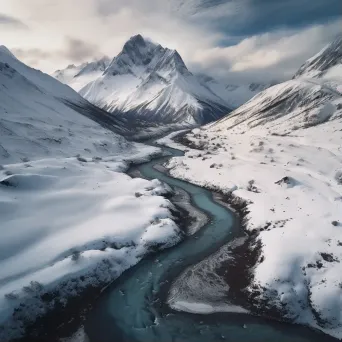 Aerial view of snow-covered mountain peak with winding river below - Image 1