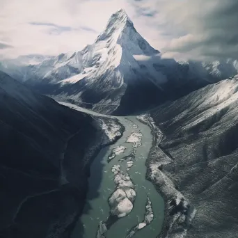 Aerial view of snow-covered mountain peak with winding river below - Image 3