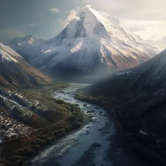 Aerial view of snow-covered mountain peak with winding river below - Image 4