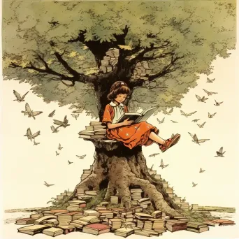 Girl reading under a tree with book pages turning into birds - Image 2