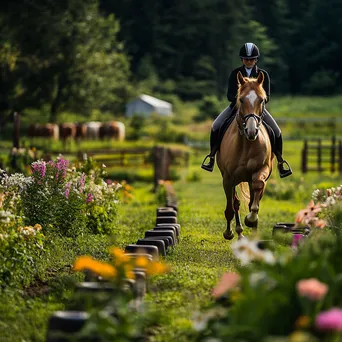 Trainer leading horse through obstacle course in a green field. - Image 1