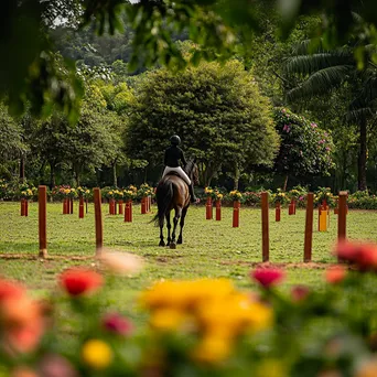 Trainer leading horse through obstacle course in a green field. - Image 3