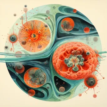 Mixed media collage depicting the biology of a cell with floating organelles in cytoplasm - Image 1