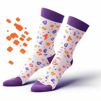 Logo for a vibrant sock brand featuring a pair of socks in orange and purple colors - Image 2