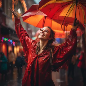 Woman dancing in the rain with a colorful umbrella - Image 2