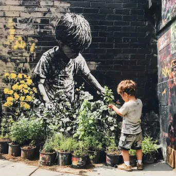 Children creating a community garden with spray-paint aesthetics and upcycled planters - Image 1