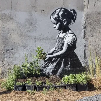 Children creating a community garden with spray-paint aesthetics and upcycled planters - Image 2