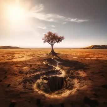 Single tree standing in the middle of a dry savannah under a scorching sun - Image 1