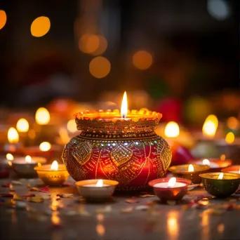 Diwali celebration with lit oil lamps, rangoli art, and fireworks - Image 1