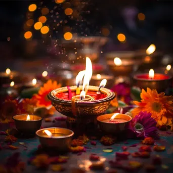 Diwali celebration with lit oil lamps, rangoli art, and fireworks - Image 3