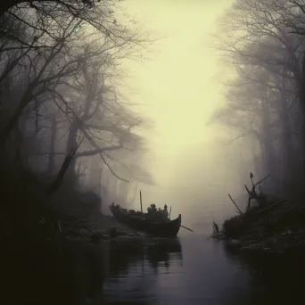 Spectral ferryman on River Styx with shadowy figures in misty waters - Image 1