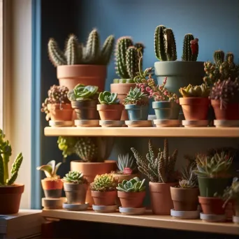 Top view of colorful succulent plants and cacti on a bohemian-style shelf - Image 1