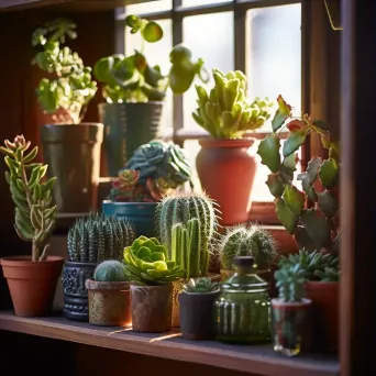 Top view of colorful succulent plants and cacti on a bohemian-style shelf - Image 3