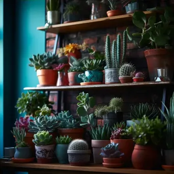 Top view of colorful succulent plants and cacti on a bohemian-style shelf - Image 4