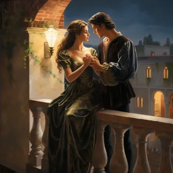 Classical balcony scene of Romeo and Juliet set against a starlit backdrop - Image 2