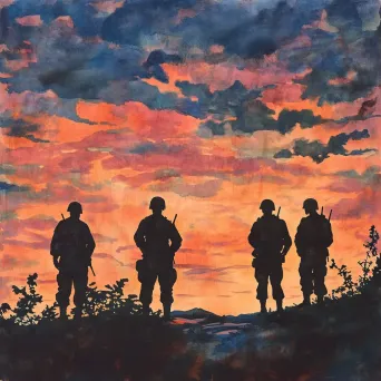 Silhouettes of soldiers in peace under a vibrant sunset sky in watercolor - Image 1