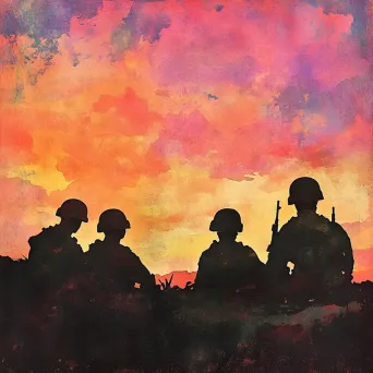 Silhouettes of soldiers in peace under a vibrant sunset sky in watercolor - Image 2