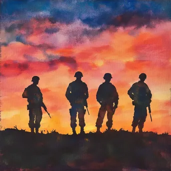 Silhouettes of soldiers in peace under a vibrant sunset sky in watercolor - Image 4