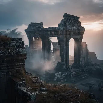 Ancient temple ruins at sunrise with mist - Image 3