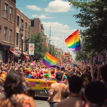 Colorful floats and crowds celebrating during a Pride parade. - Image 1